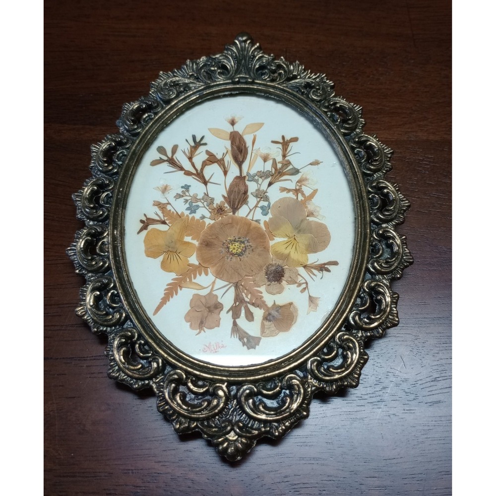 Vintage Dried Pressed Floral Wall Art Ornate Gold Oval Metal Frame Signed Millie